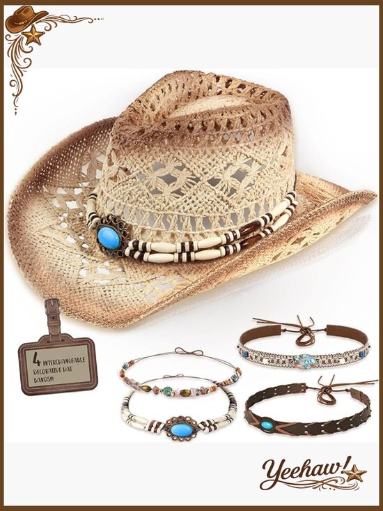 Adjustable Straw Cowboy Hat with Removable Bands, Wide Brim, Unisex main image 5